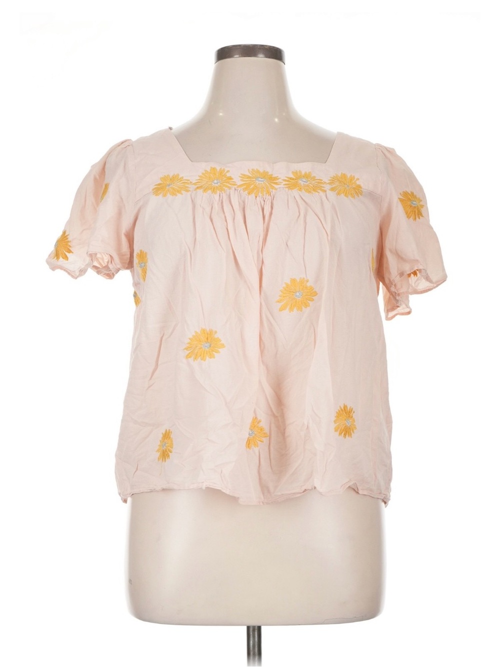Madewell Pink Peasant Blouse with Yellow Daisy Embroidery